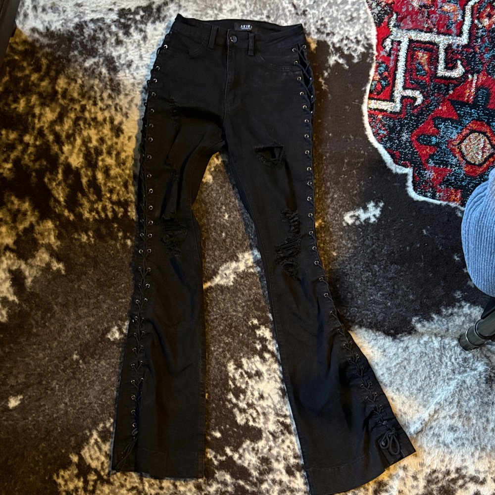 Akira Black Lace-Up Flare Jeans